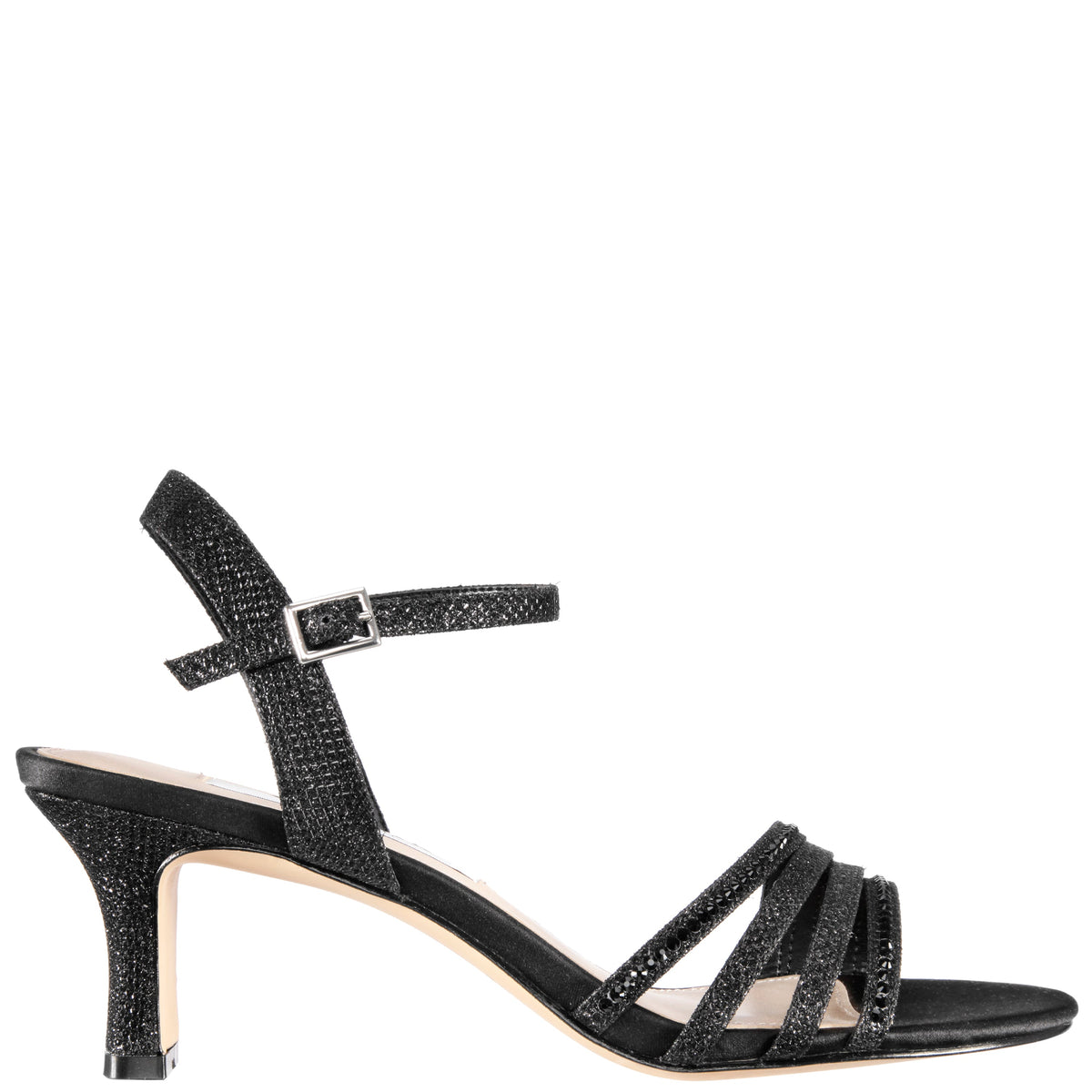 Nelena Black Textured Metallic with Matching Crystals Low-Heel Sandals with Ankle-Strap | Nina Shoes