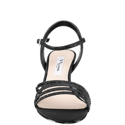 Nelena Black Textured Metallic with Matching Crystals Low-Heel Sandals with Ankle-Strap | Nina Shoes