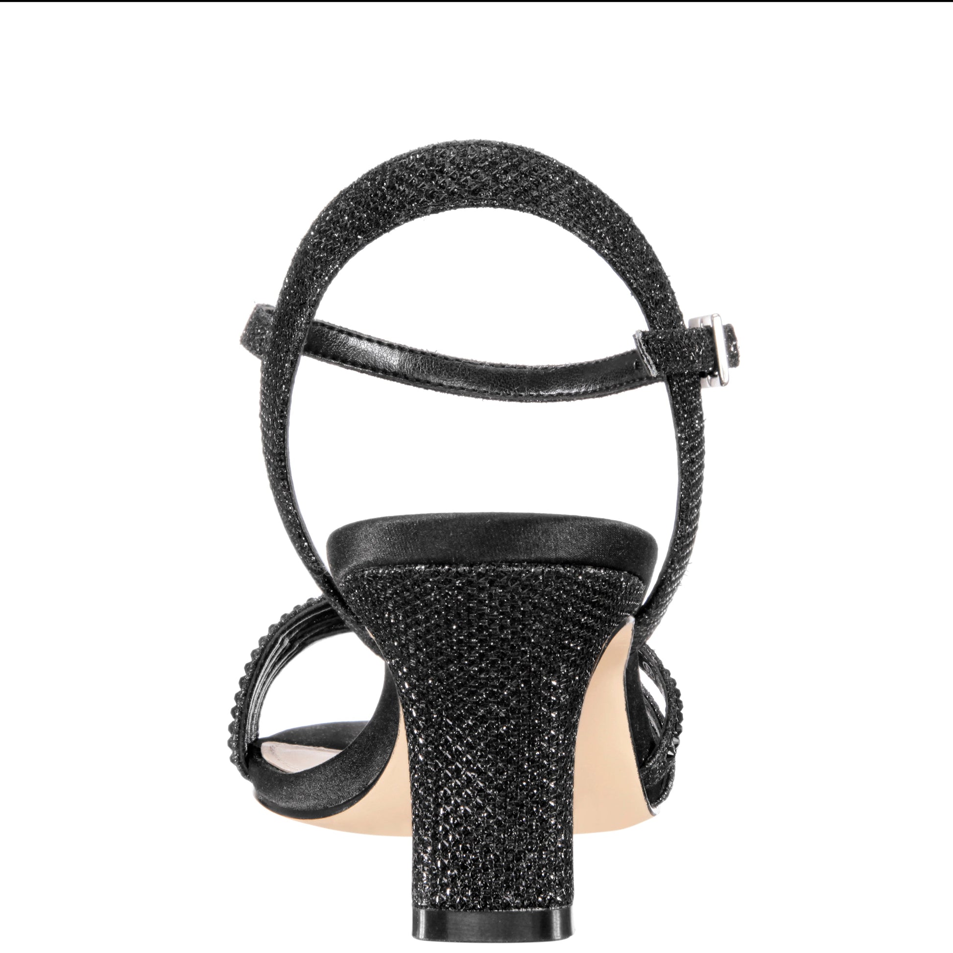 Nelena Black Textured Metallic with Matching Crystals Low-Heel Sandals with Ankle-Strap | Nina Shoes