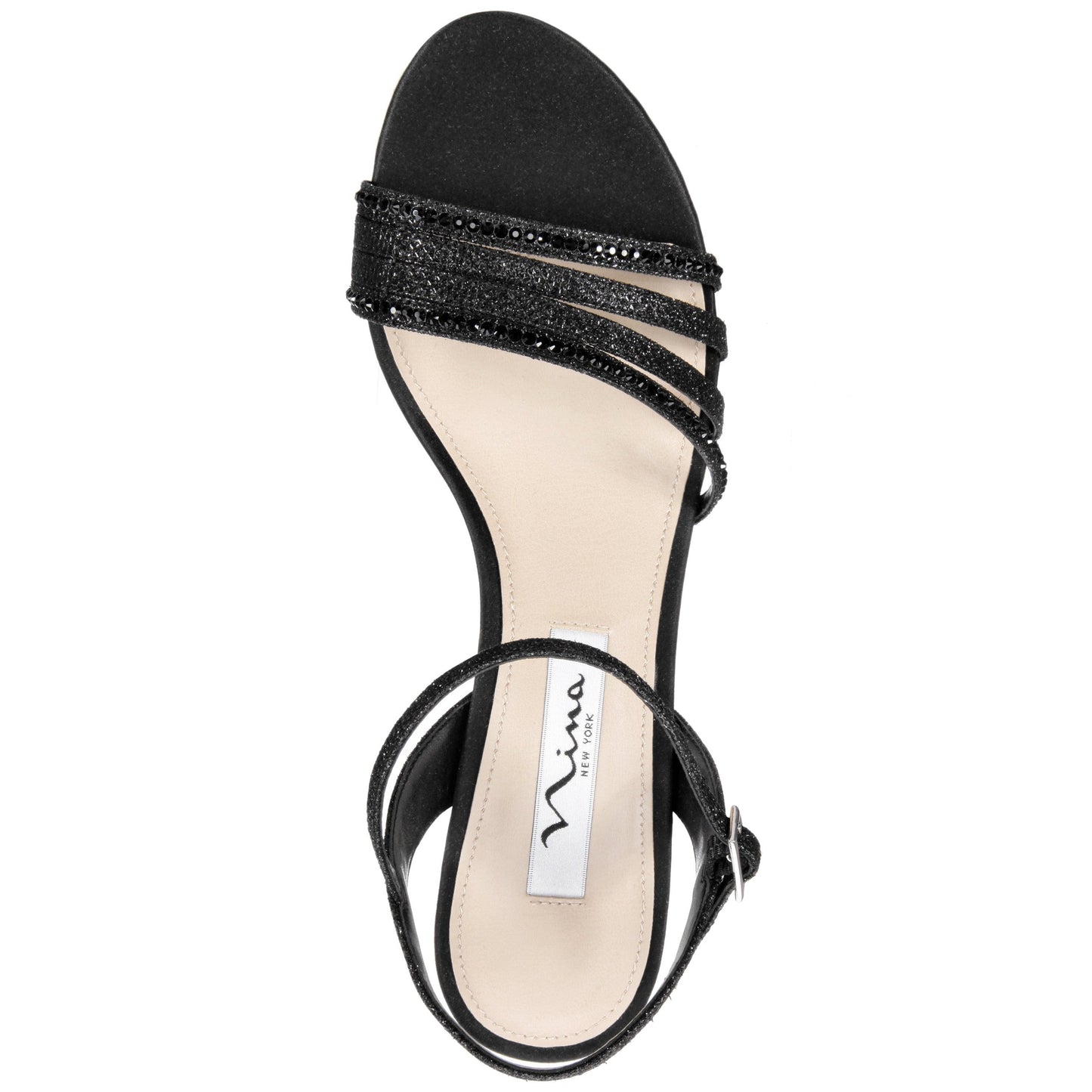 Nelena Black Textured Metallic with Matching Crystals Low-Heel Sandals with Ankle-Strap | Nina Shoes