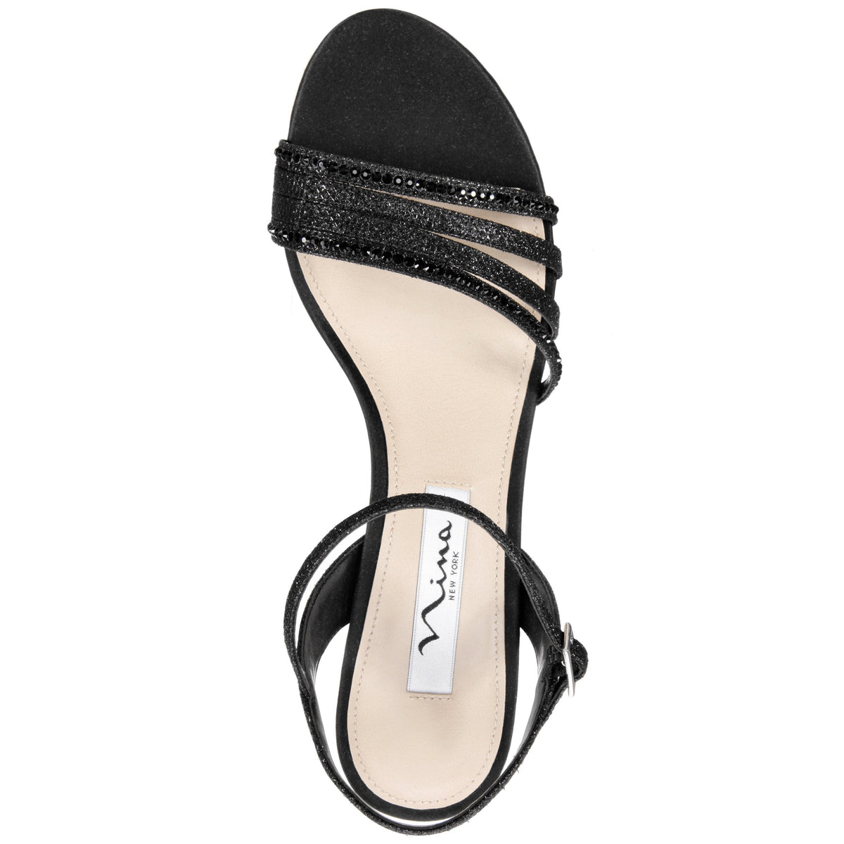 Nelena Black Textured Metallic with Matching Crystals Low-Heel Sandals with Ankle-Strap | Nina Shoes