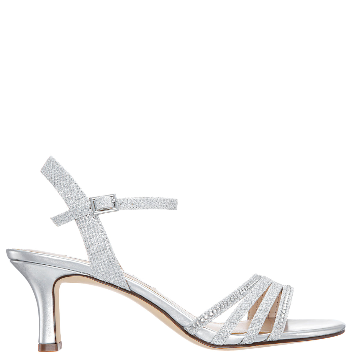 Nelena Silver Textured Metallic with Clear Crystals Low-Heel Sandals with Ankle-Strap | Nina Shoes