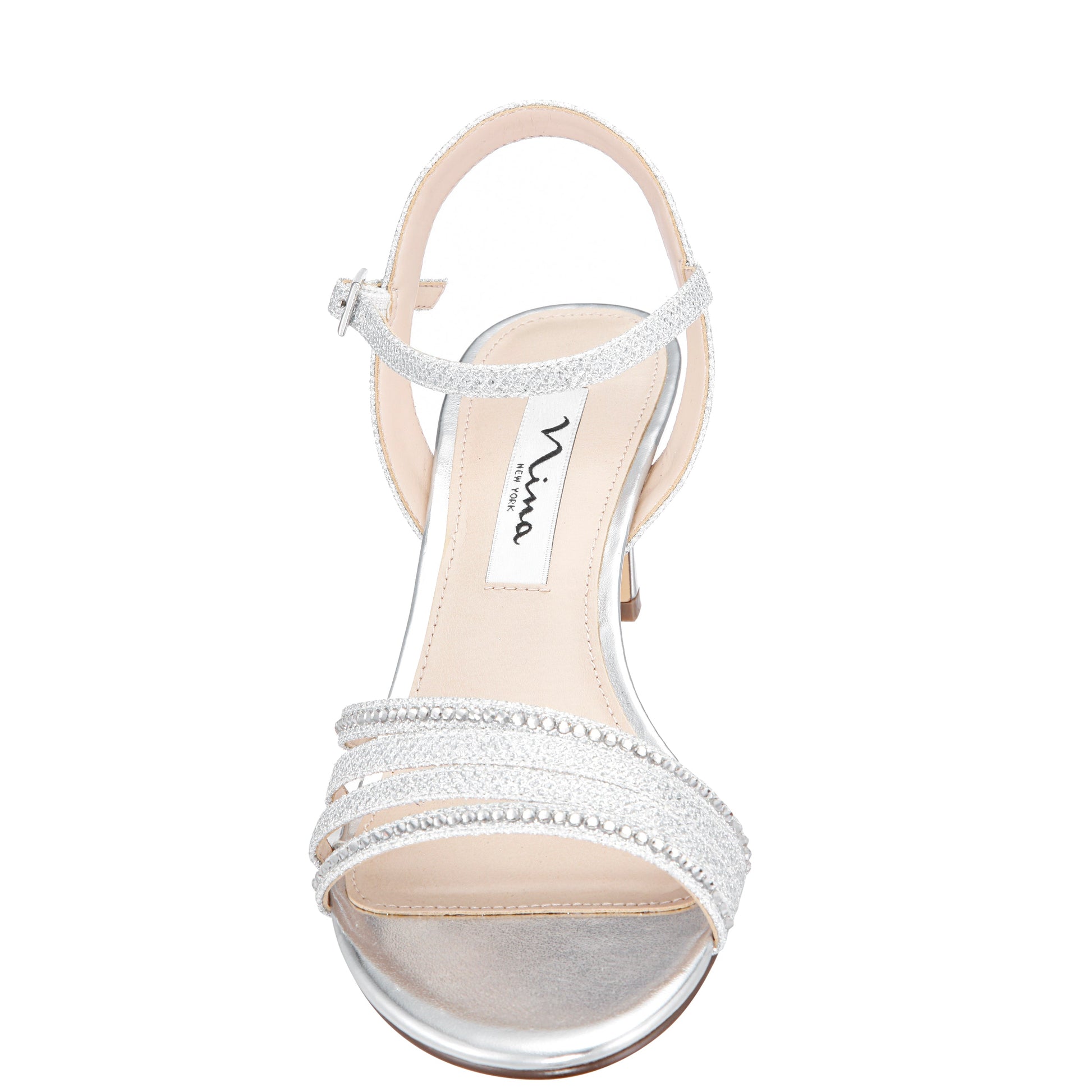 Nelena Silver Textured Metallic with Clear Crystals Low-Heel Sandals with Ankle-Strap | Nina Shoes
