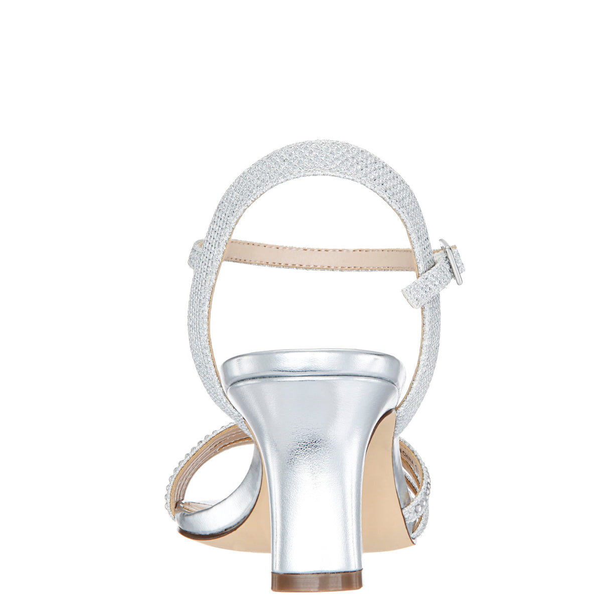 Nelena Silver Textured Metallic with Clear Crystals Low-Heel Sandals with Ankle-Strap | Nina Shoes