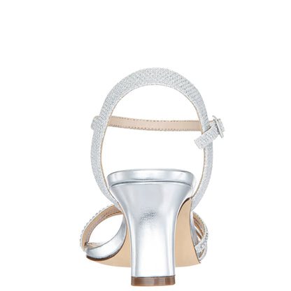 Nelena Silver Textured Metallic with Clear Crystals Low-Heel Sandals with Ankle-Strap | Nina Shoes