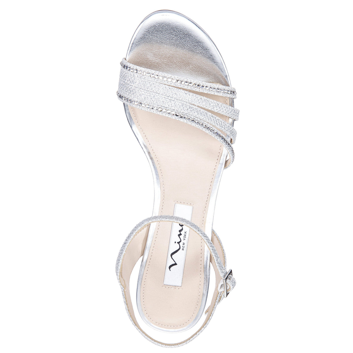 Nelena Silver Textured Metallic with Clear Crystals Low-Heel Sandals with Ankle-Strap | Nina Shoes