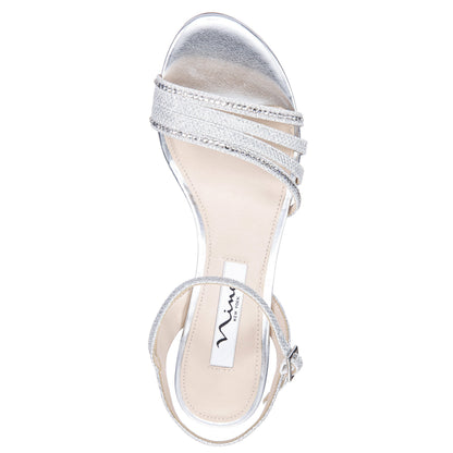 Nelena Silver Textured Metallic with Clear Crystals Low-Heel Sandals with Ankle-Strap | Nina Shoes