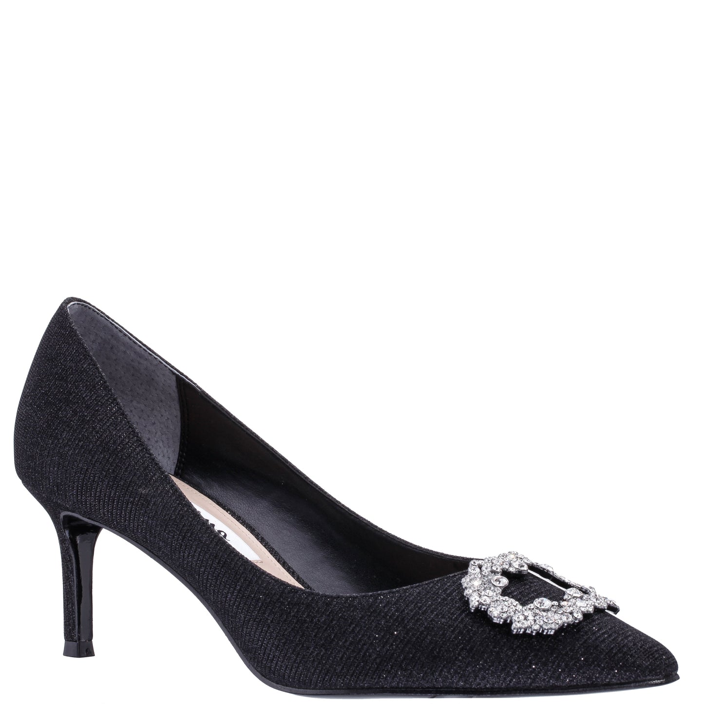 Neya Black Textured Metallic Mid-Heel Pumps with Jeweled Buckle | Nina Shoes