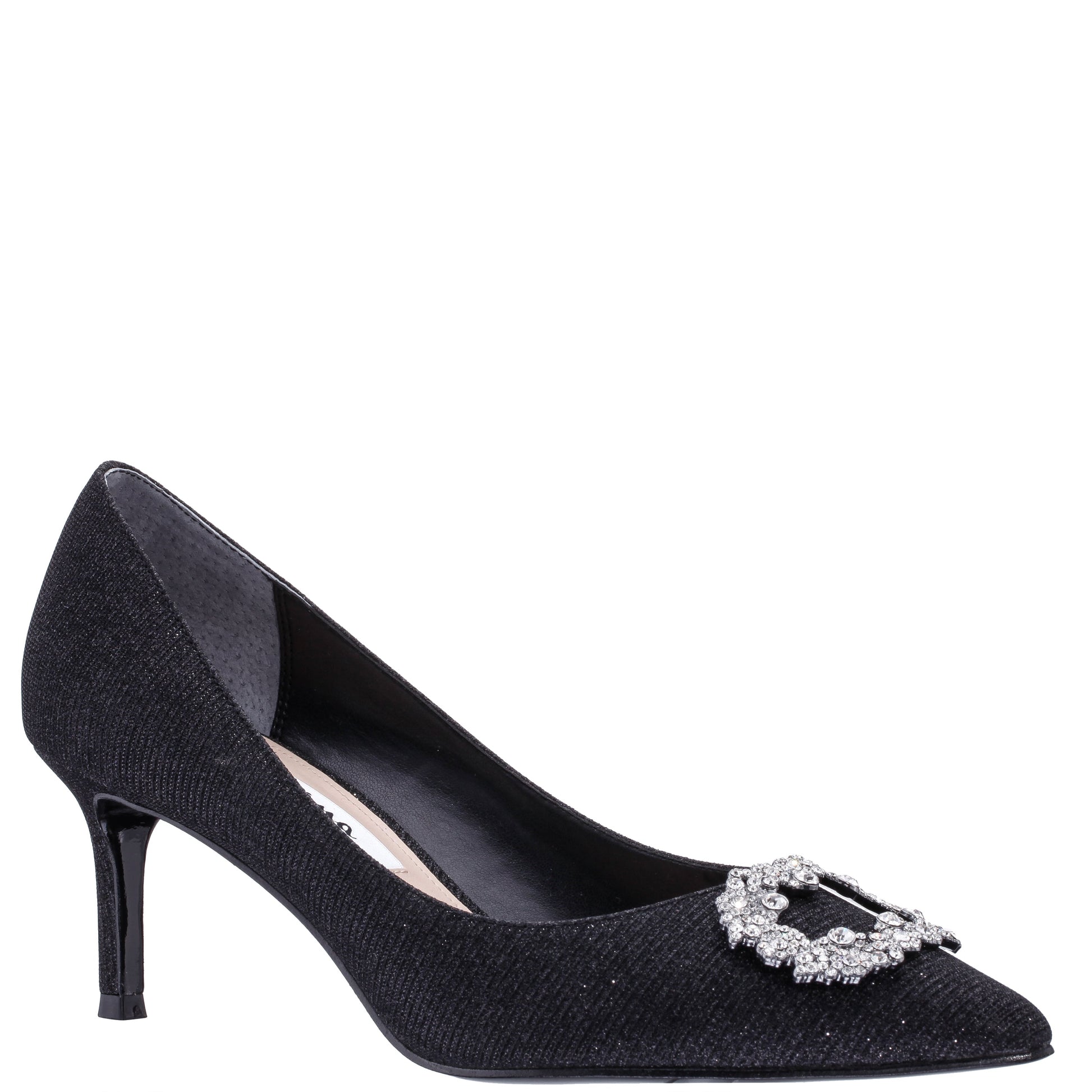 Neya Black Textured Metallic Mid-Heel Pumps with Jeweled Buckle | Nina Shoes