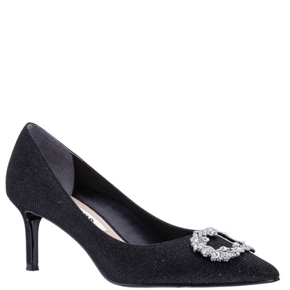 Neya Black Textured Metallic Mid-Heel Pumps with Jeweled Buckle | Nina Shoes