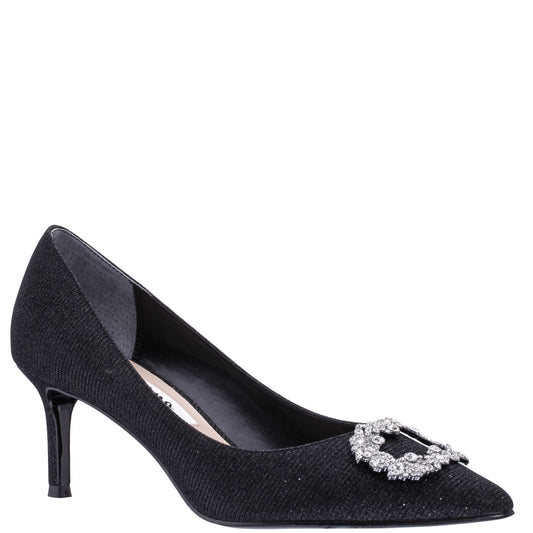 Neya Black Textured Metallic Mid-Heel Pumps with Jeweled Buckle | Nina Shoes