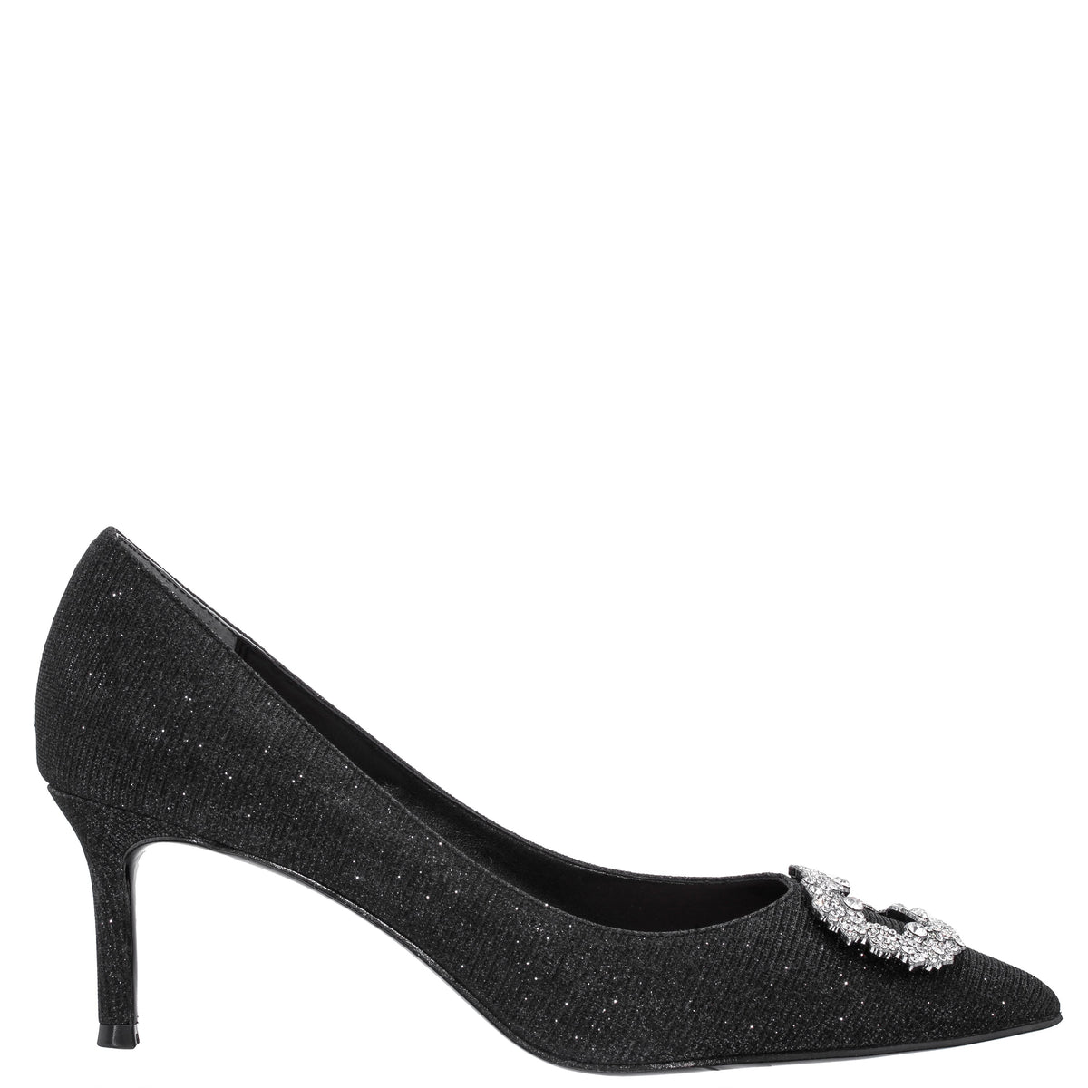 Neya Black Textured Metallic Mid-Heel Pumps with Jeweled Buckle | Nina Shoes