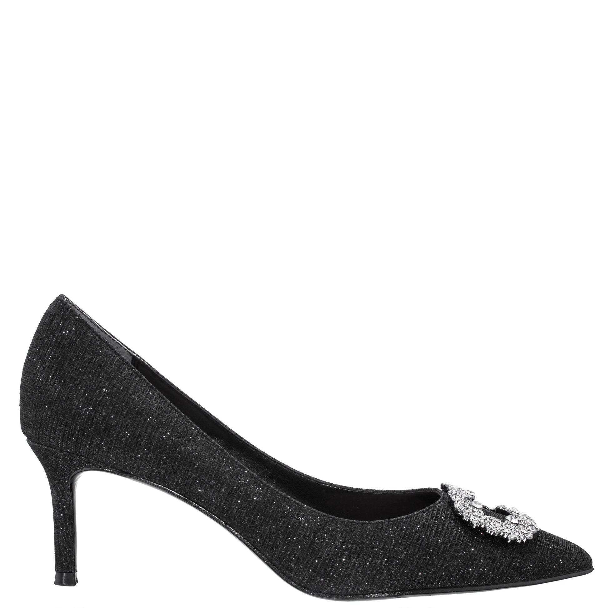 Neya Black Textured Metallic Mid-Heel Pumps with Jeweled Buckle | Nina Shoes