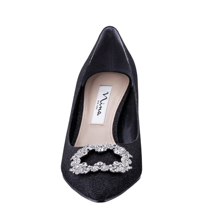 Neya Black Textured Metallic Mid-Heel Pumps with Jeweled Buckle | Nina Shoes