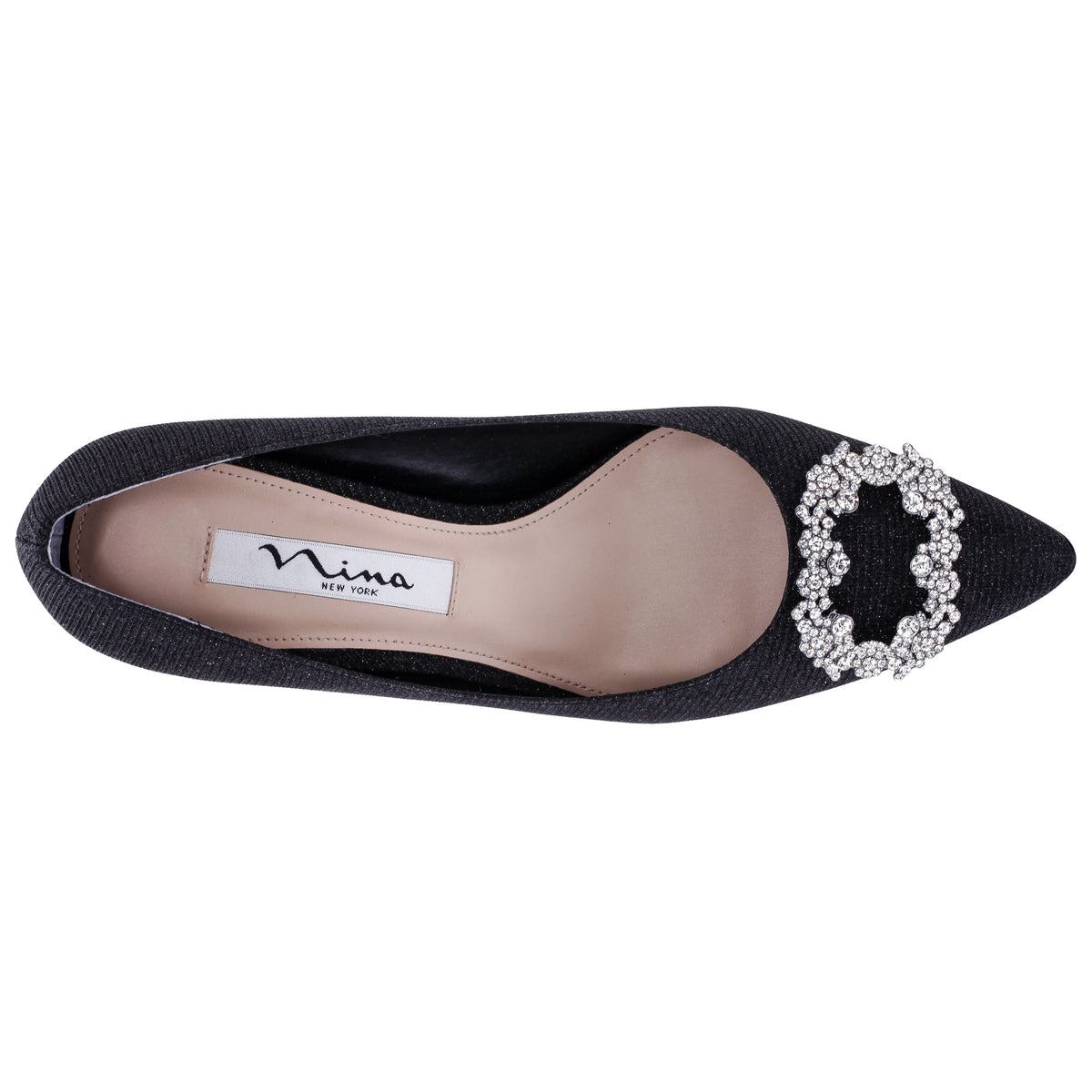 Neya Black Textured Metallic Mid-Heel Pumps with Jeweled Buckle | Nina Shoes