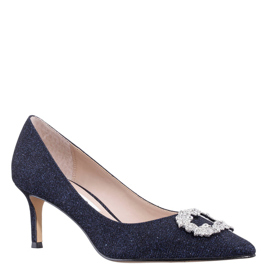 Neya Blue Textured Metallic Mid-Heel Pumps with Jeweled Buckle | Nina Shoes
