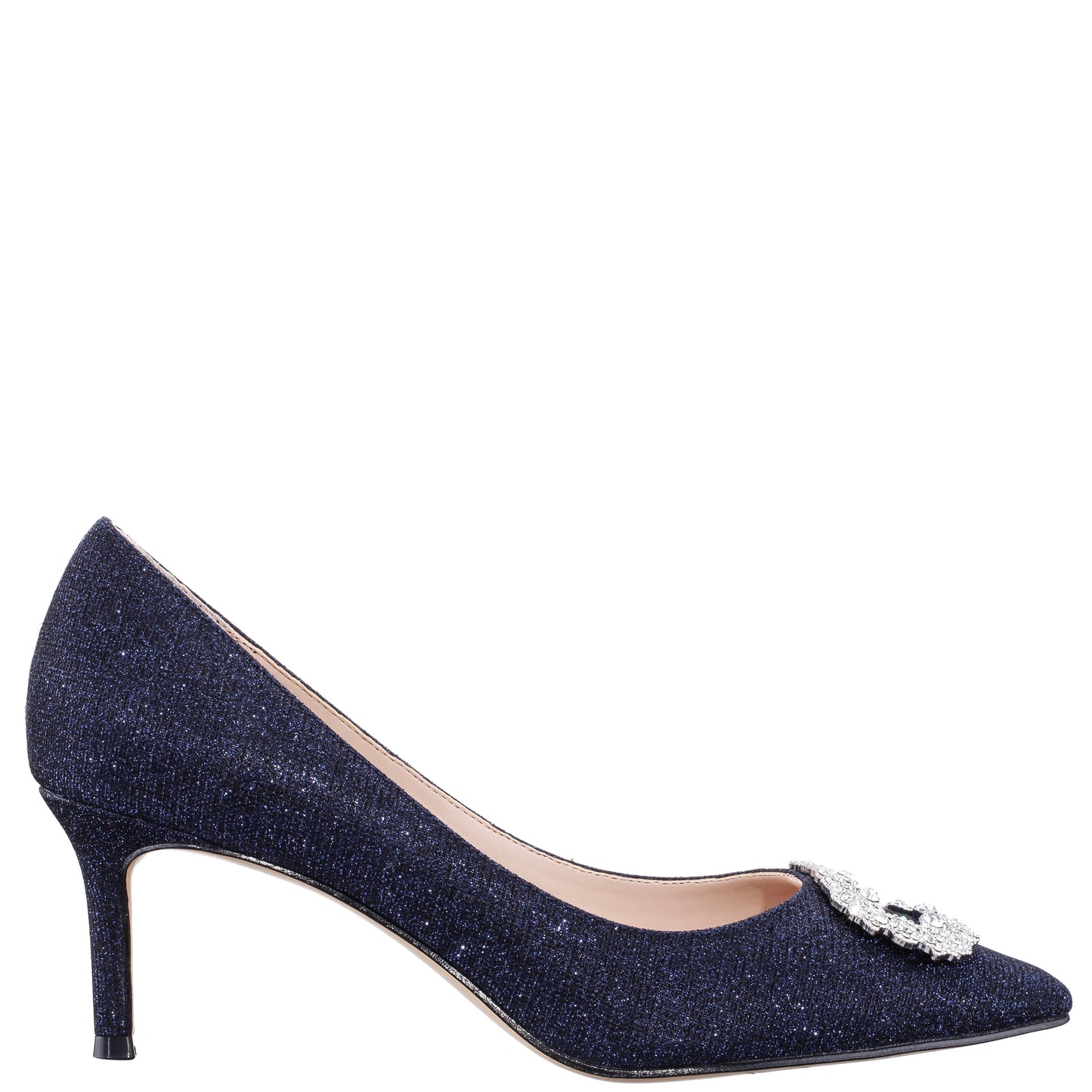 Neya Blue Textured Metallic Mid-Heel Pumps with Jeweled Buckle | Nina Shoes