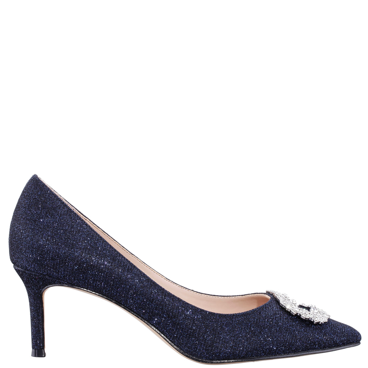 Neya Blue Textured Metallic Mid-Heel Pumps with Jeweled Buckle | Nina Shoes