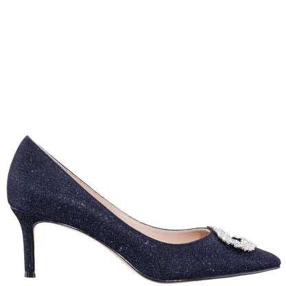 Neya Blue Textured Metallic Mid-Heel Pumps with Jeweled Buckle | Nina Shoes