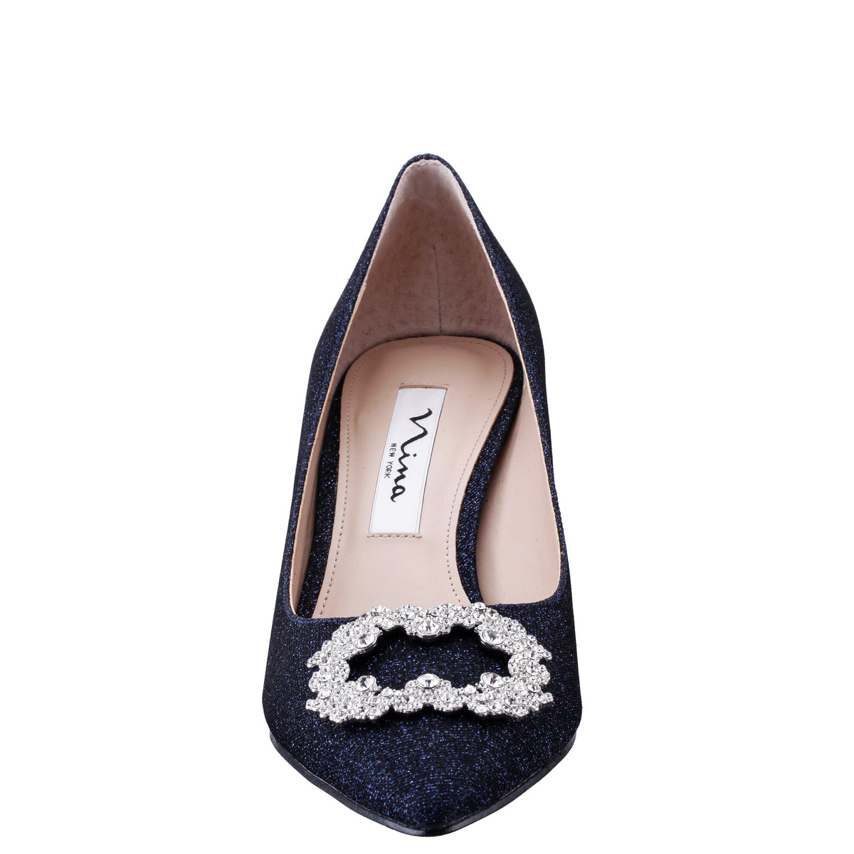 Neya Blue Textured Metallic Mid-Heel Pumps with Jeweled Buckle | Nina Shoes