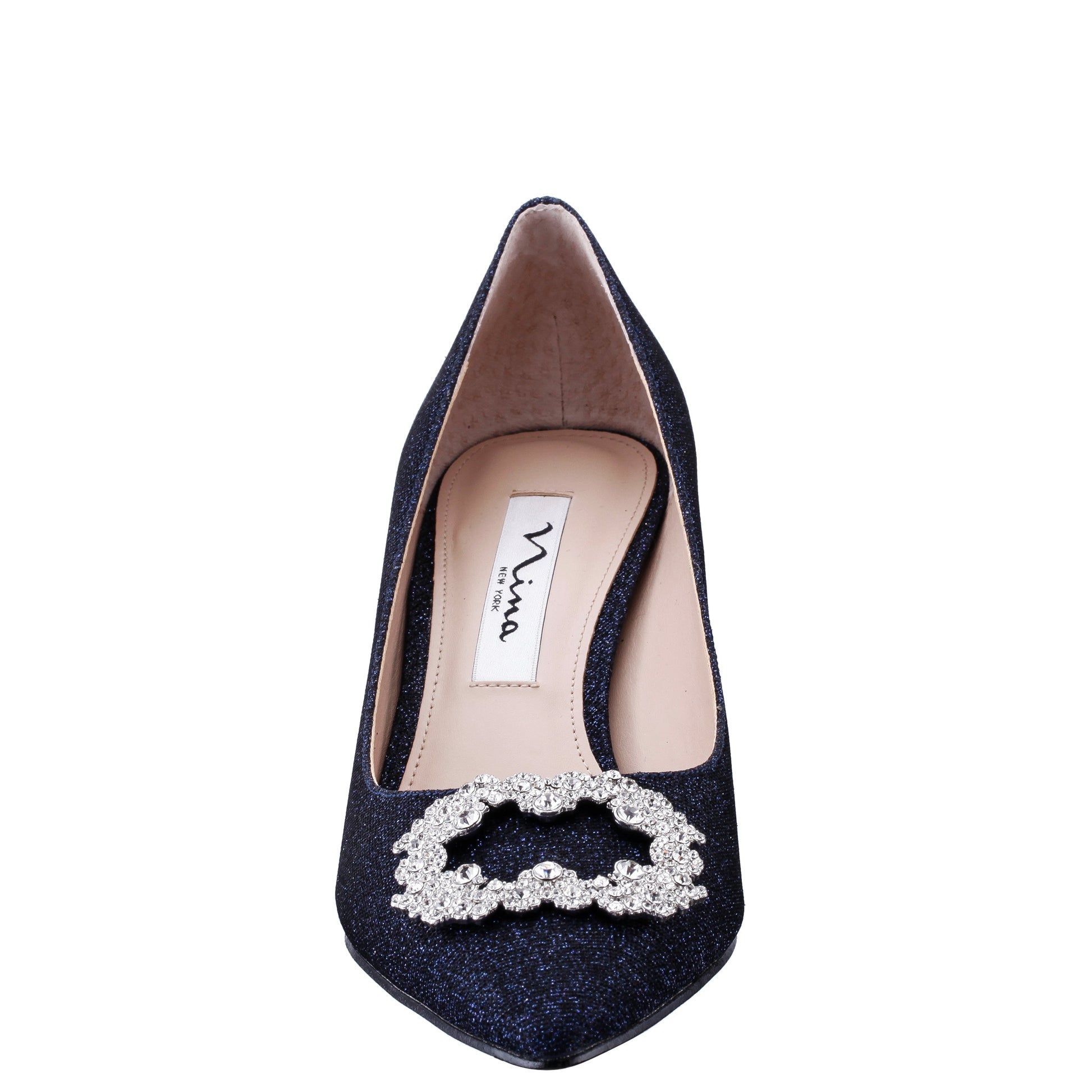 Neya Blue Textured Metallic Mid-Heel Pumps with Jeweled Buckle | Nina Shoes