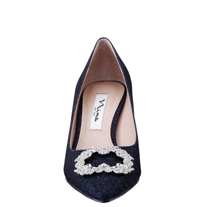 Neya Blue Textured Metallic Mid-Heel Pumps with Jeweled Buckle | Nina Shoes