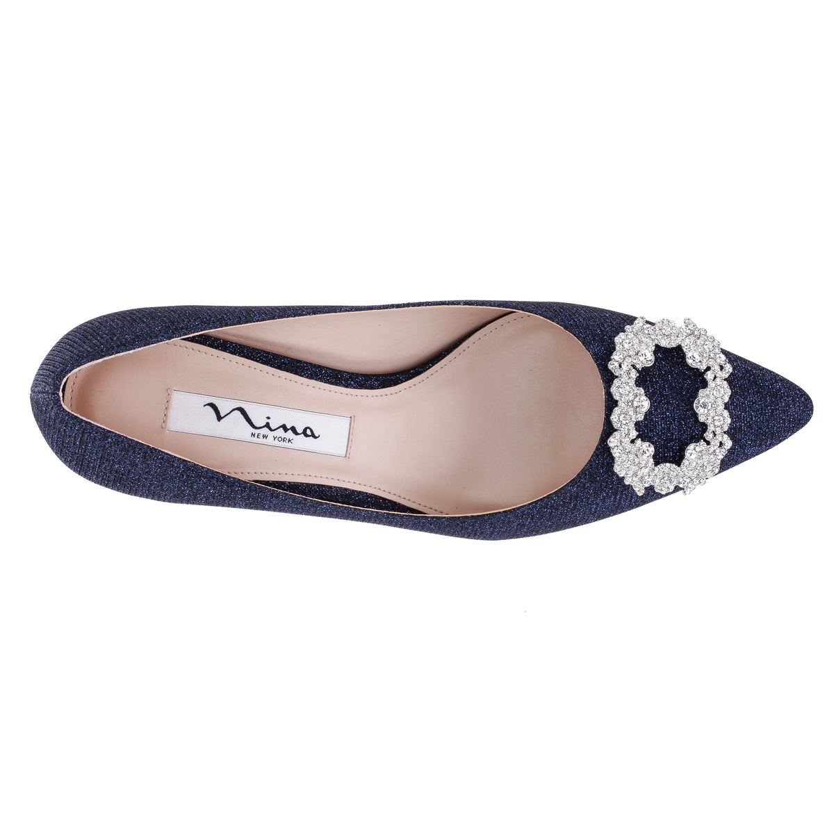 Neya Blue Textured Metallic Mid-Heel Pumps with Jeweled Buckle | Nina Shoes