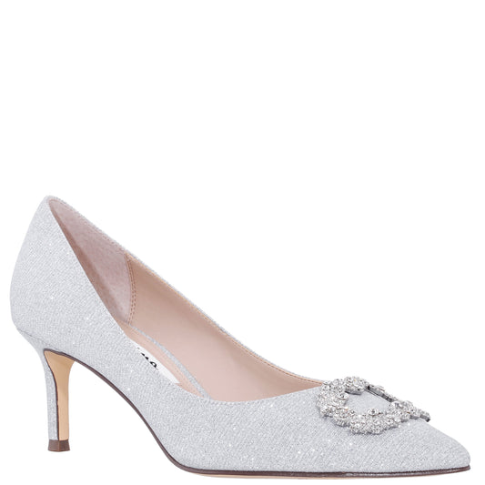 Neya True Silver Textured Metallic Mid-Heel Pumps with Jeweled Buckle | Nina Shoes