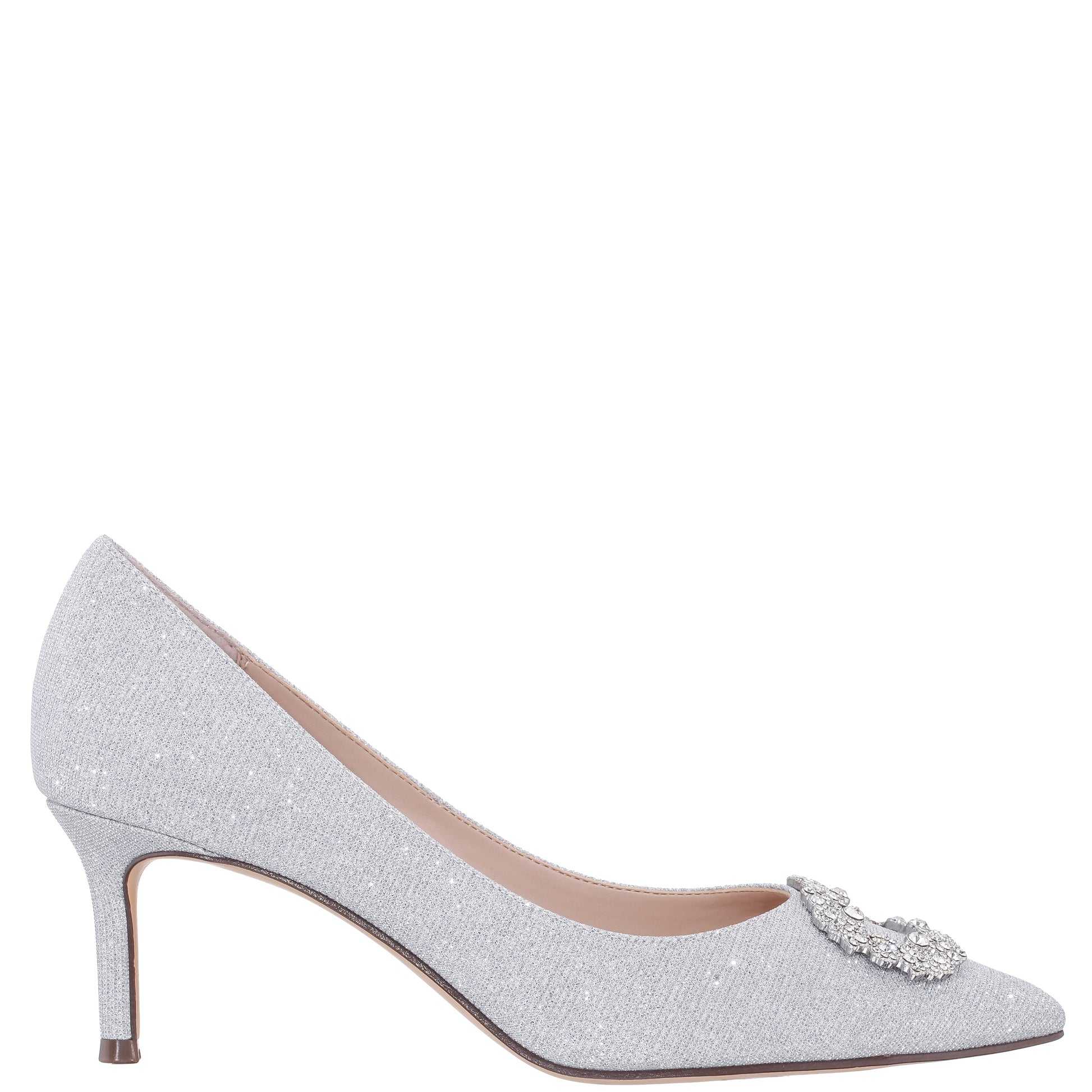 Neya True Silver Textured Metallic Mid-Heel Pumps with Jeweled Buckle | Nina Shoes