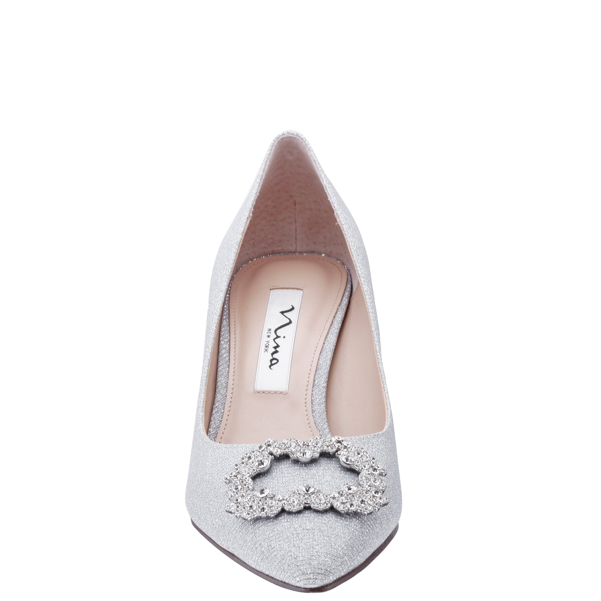 Neya True Silver Textured Metallic Mid-Heel Pumps with Jeweled Buckle | Nina Shoes