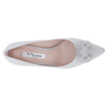 Neya True Silver Textured Metallic Mid-Heel Pumps with Jeweled Buckle | Nina Shoes