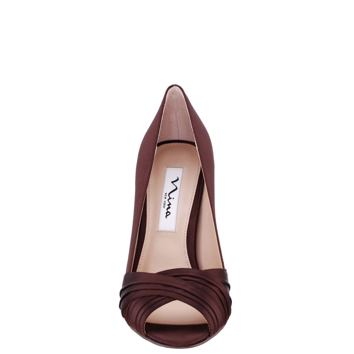 Rhiyana Brown Satin Peep Toe High-Heel Classic Pump | Nina Shoes