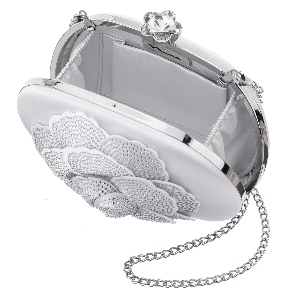 Flores White Crystal Embellished Flower Minaudiere | Nina Shoes