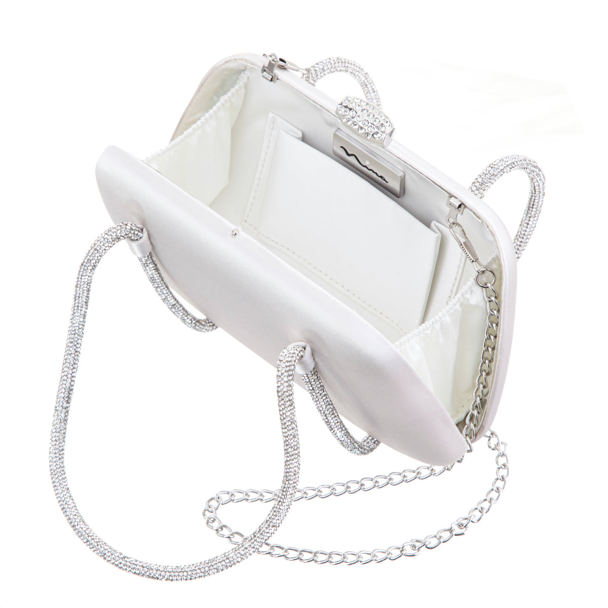 Camara Beige Satin/Glass Crystal Minaudiere | Nina Shoes