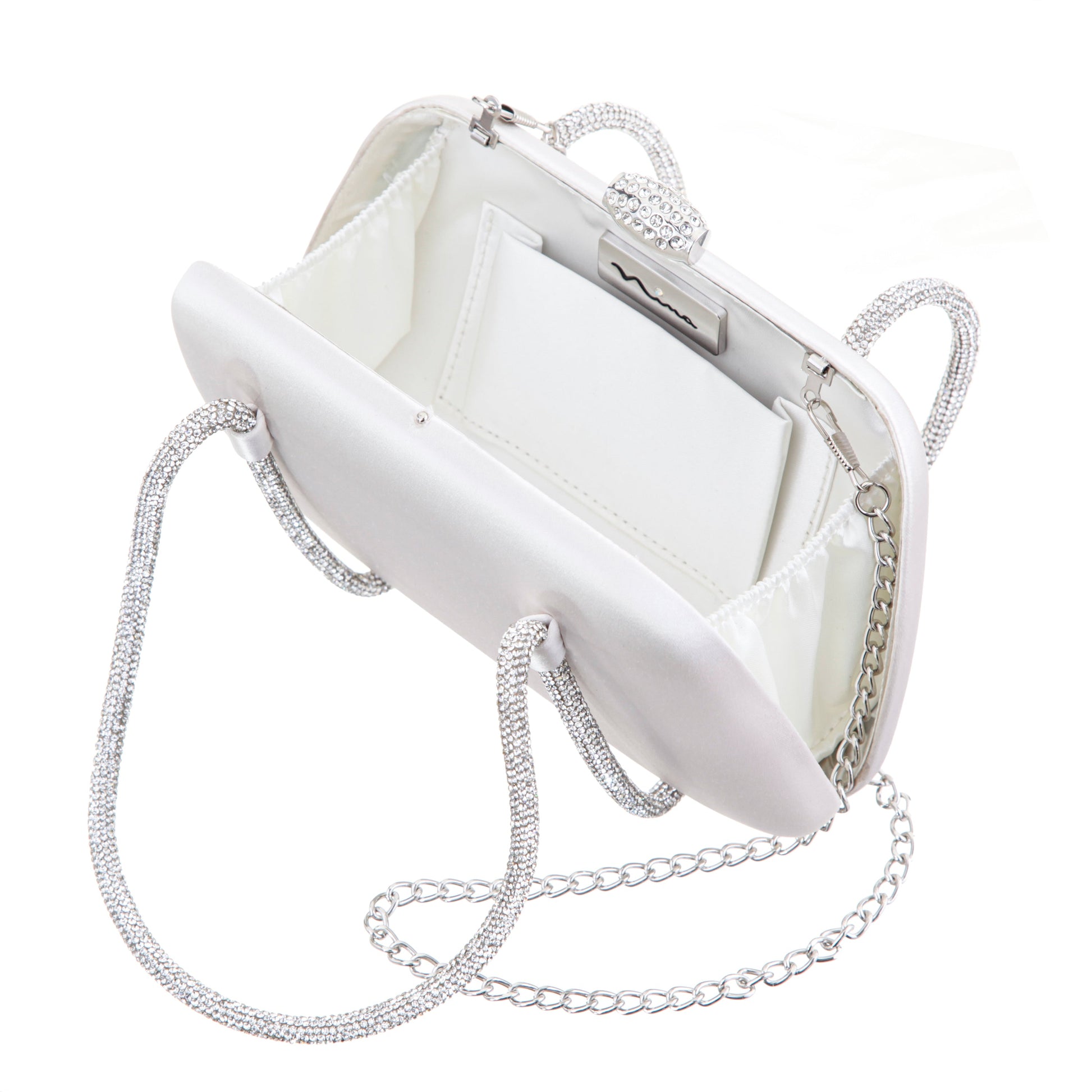 Camara Beige Satin/Glass Crystal Minaudiere | Nina Shoes
