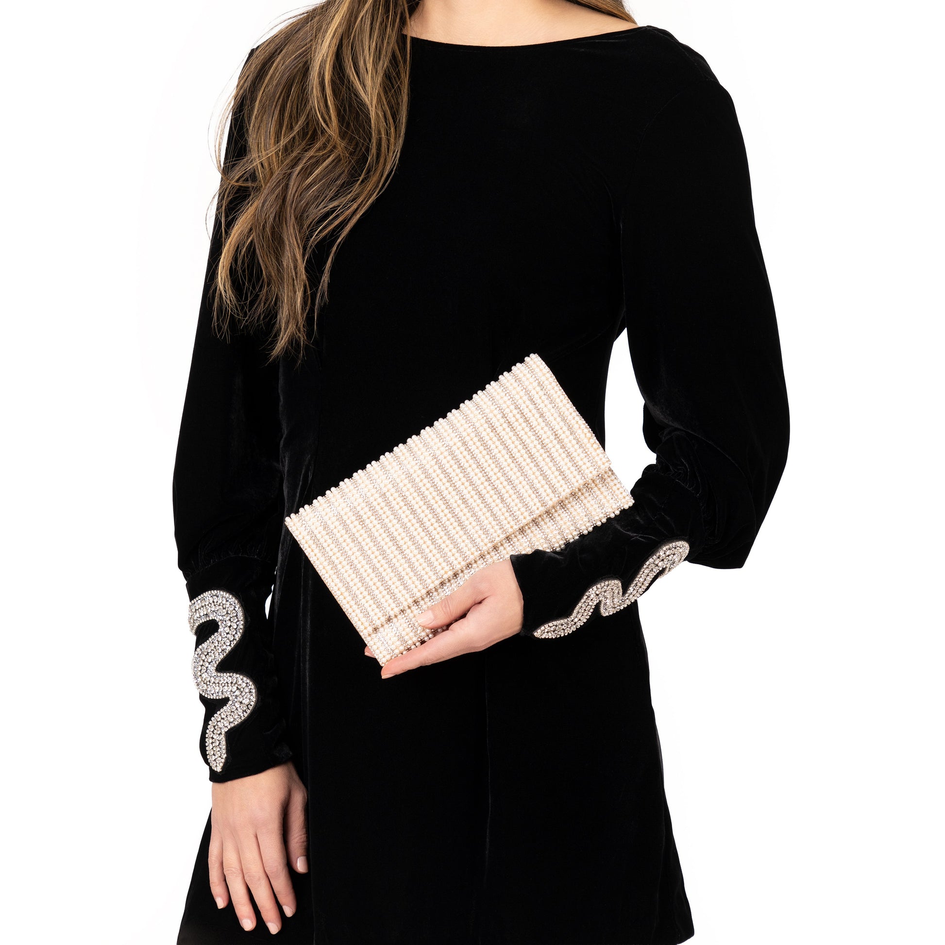 Kimora White Allover Pearl/Crystal Envelope Clutch | Nina Shoes