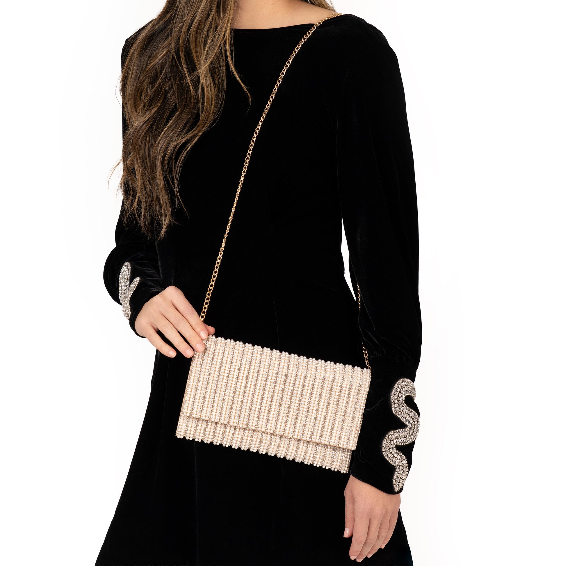 Kimora White Allover Pearl/Crystal Envelope Clutch | Nina Shoes