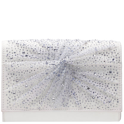 Zoria Beige Chiffon/Satin/Glass Crystal Clutch | Nina Shoes