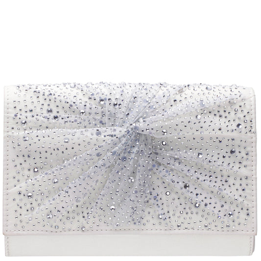 Zoria Beige Chiffon/Satin/Glass Crystal Clutch | Nina Shoes