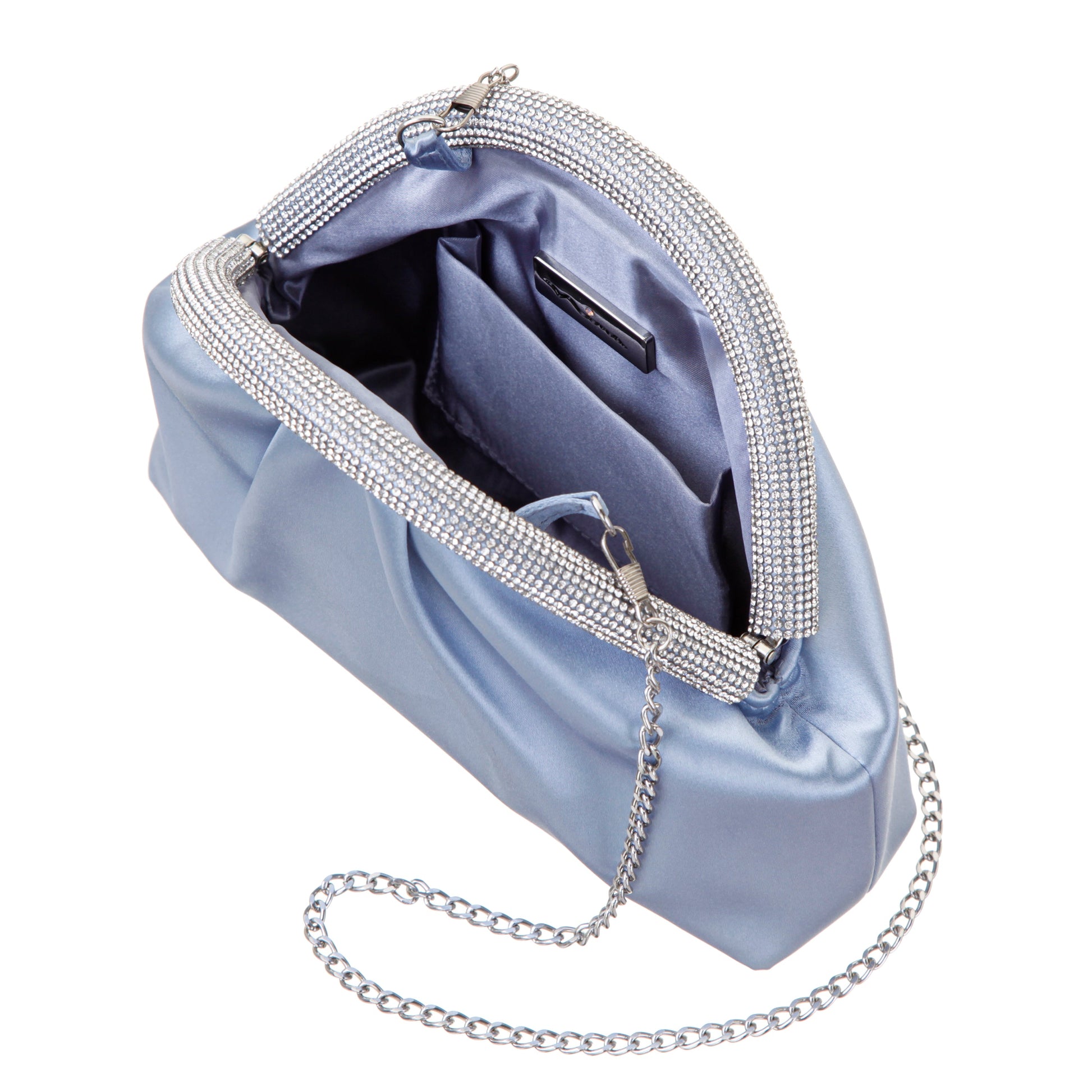 Jane Blue Satin/Glass Crystal Frame Clutch | Nina Shoes