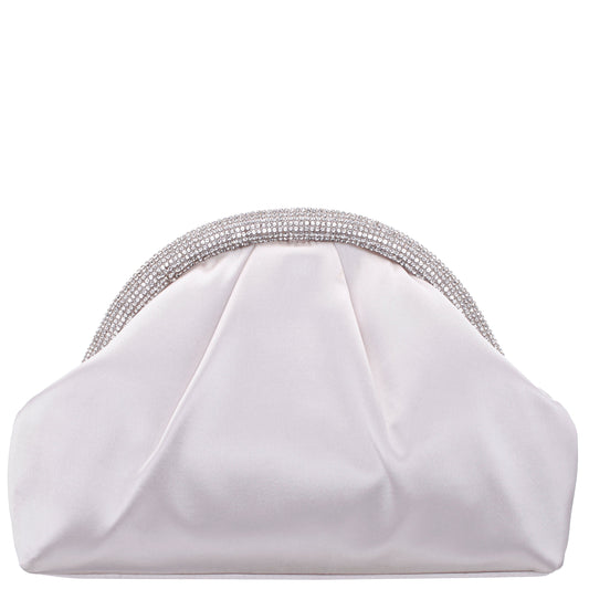 Jane Beige Satin/Glass Crystal Frame Clutch | Nina Shoes