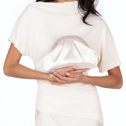 Jane Beige Satin/Glass Crystal Frame Clutch | Nina Shoes