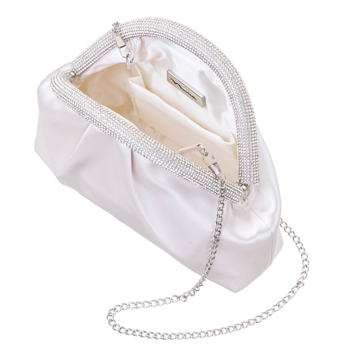 Jane Beige Satin/Glass Crystal Frame Clutch | Nina Shoes