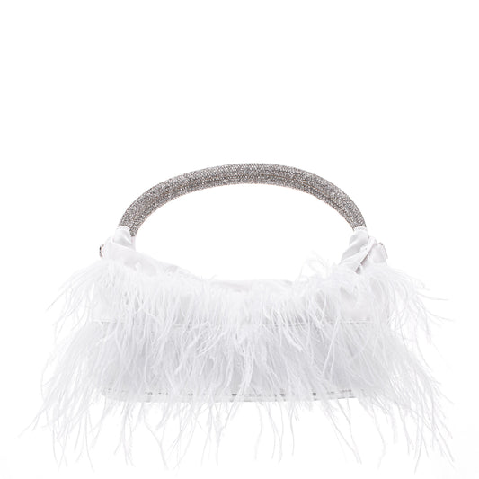 Minnie White Crystal Handle Feather Pouch | Nina Shoes