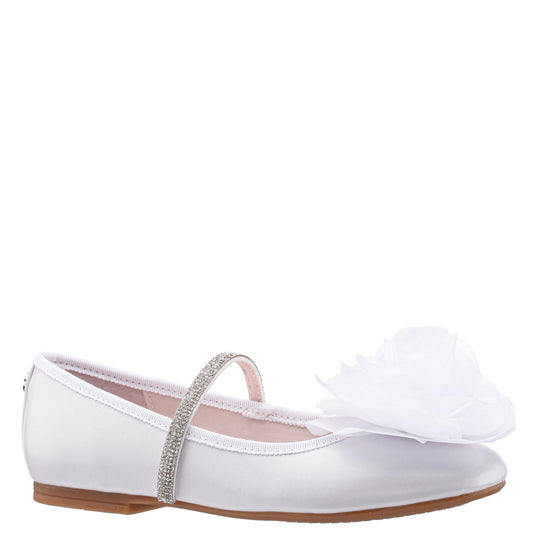 Girls Jory White Pearlized Flower Ballet Flats | Nina Shoes