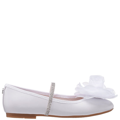 Girls Jory White Pearlized Flower Ballet Flats | Nina Shoes