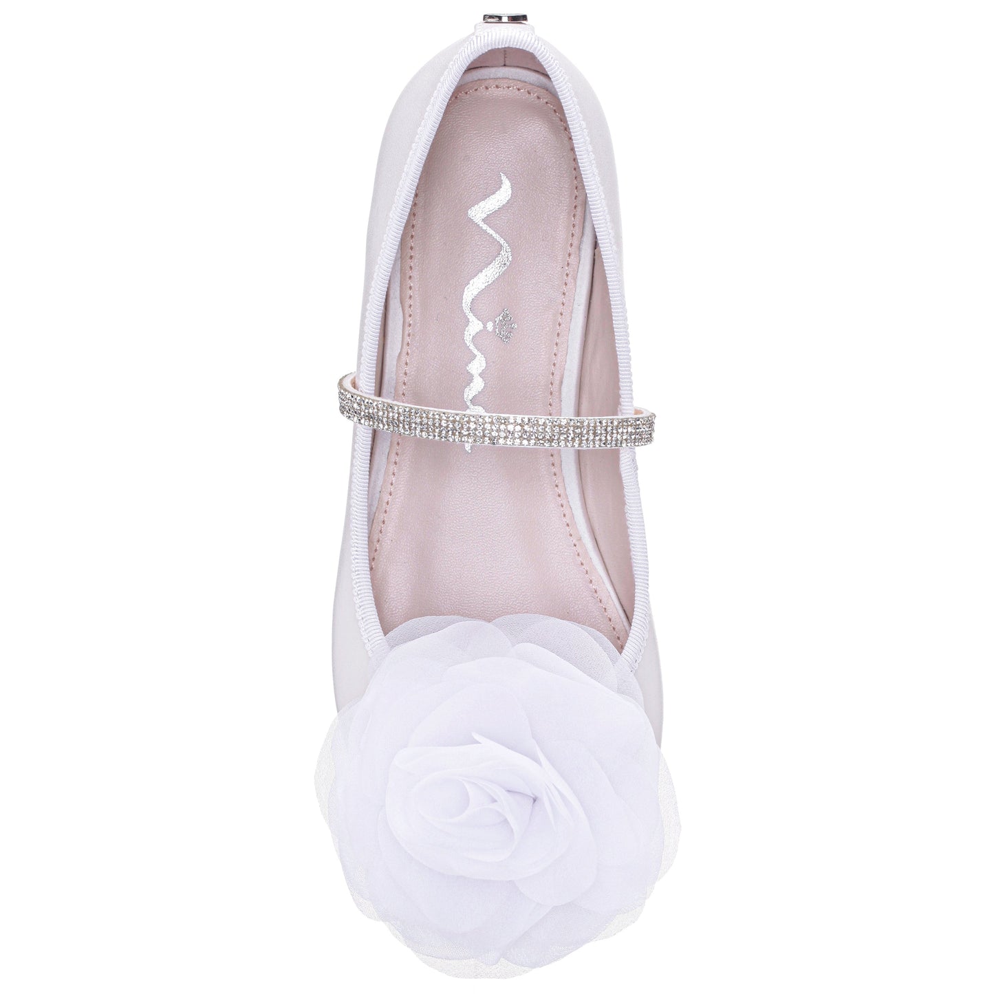 Girls Jory White Pearlized Flower Ballet Flats | Nina Shoes