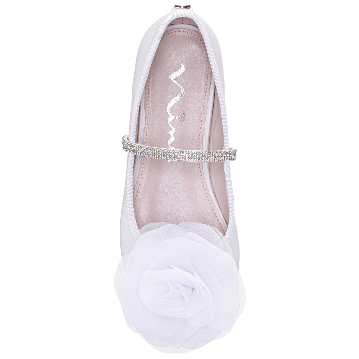 Girls Jory White Pearlized Flower Ballet Flats | Nina Shoes
