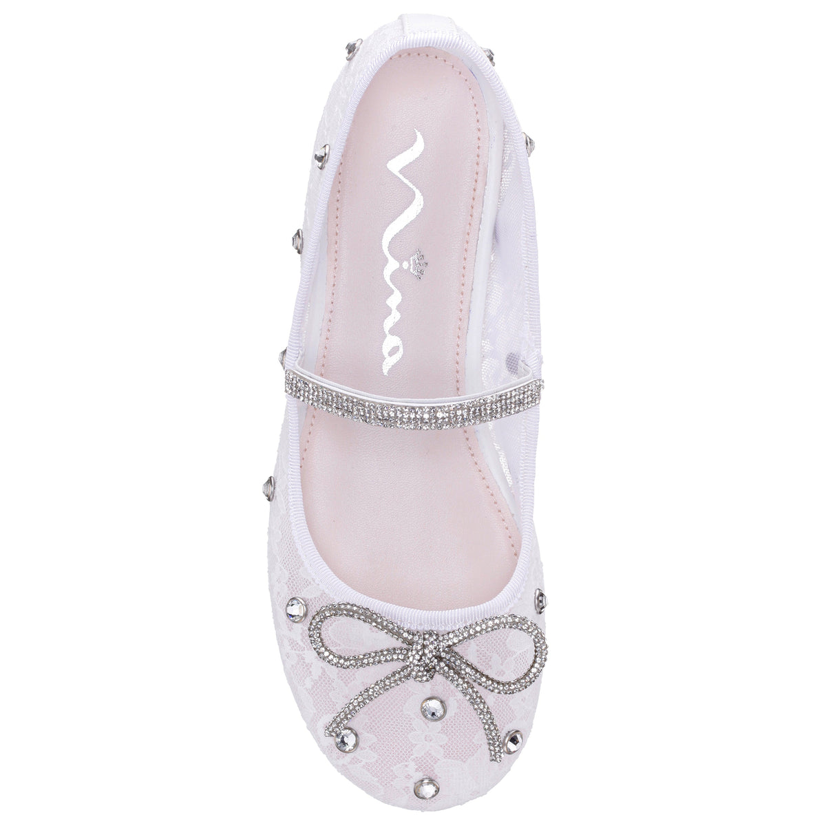 Girls Leva White Lace Rhinestone Ballet Flats | Nina Shoes