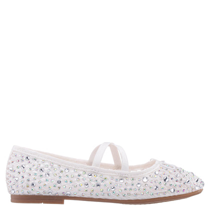 Girls Hadley White Rhinestone Mesh Ballet Flats | Nina Shoes